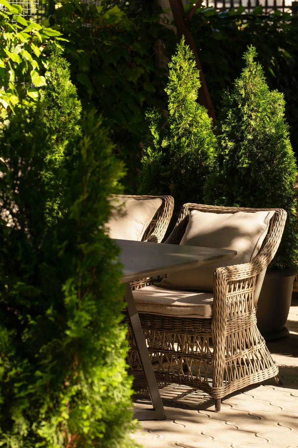 Garden sofa surrounded by greenery
